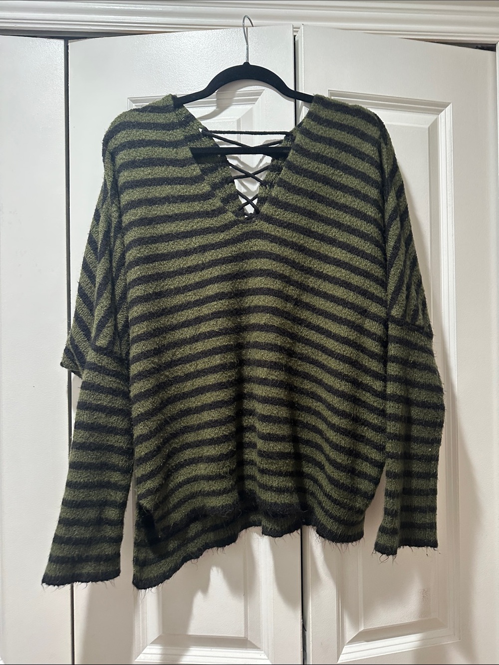 Ana Knit Striped Drop Shoulder Sweater with Lace up back